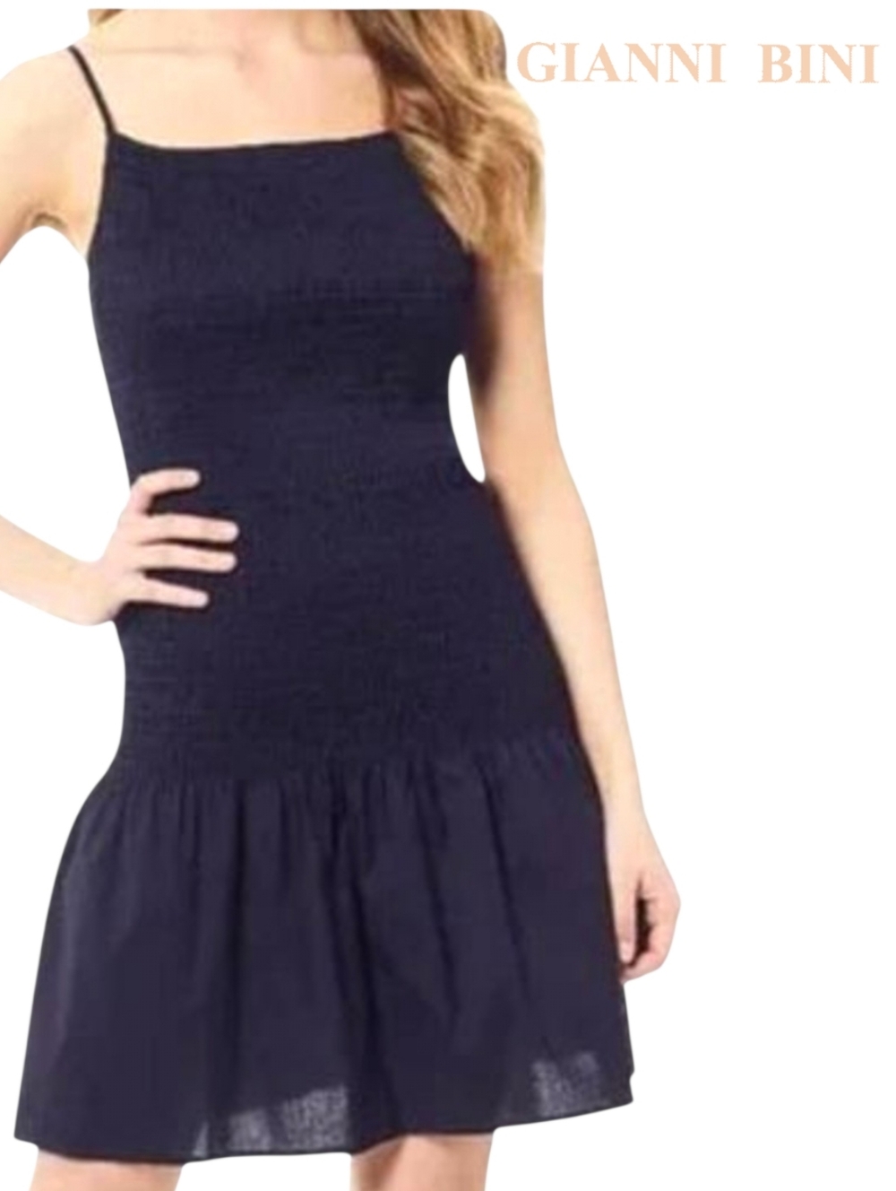 Gianni Bini Madeline Dark Navy Smock Flared Mini Dress Thin Straps Drop Waist SM